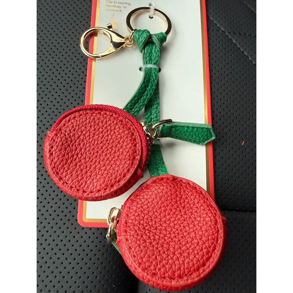 Piper K Cherry Bag Charm Key Chain Red Green Pebbled Faux Leather Zipper Pouches